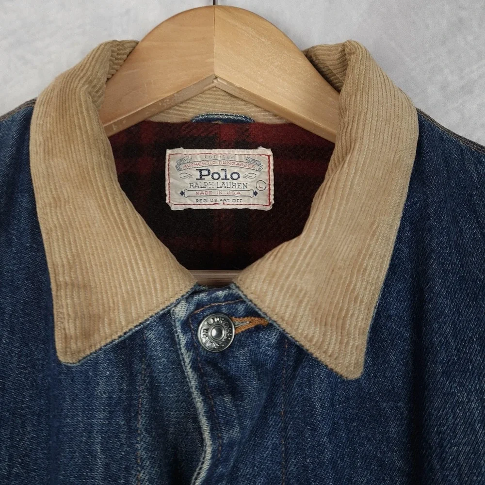Vntg Polo Ralph Lauren Country Barn Coat Men Large Denim Blanket Lined Chore 90s - Picture 2 of 16